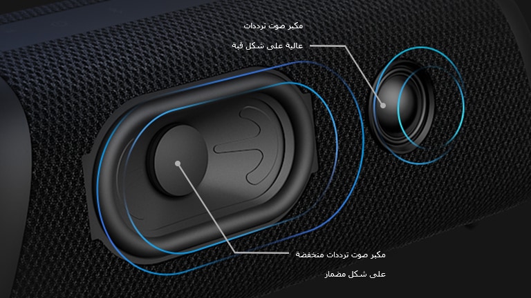 صورة قطرية LG XBOOM Go XG7 تُظهر مكبّر صوت الترددات المنخفضة على شكل مضمار ومكبّر صوت الترددات العالية على شكل قبة.