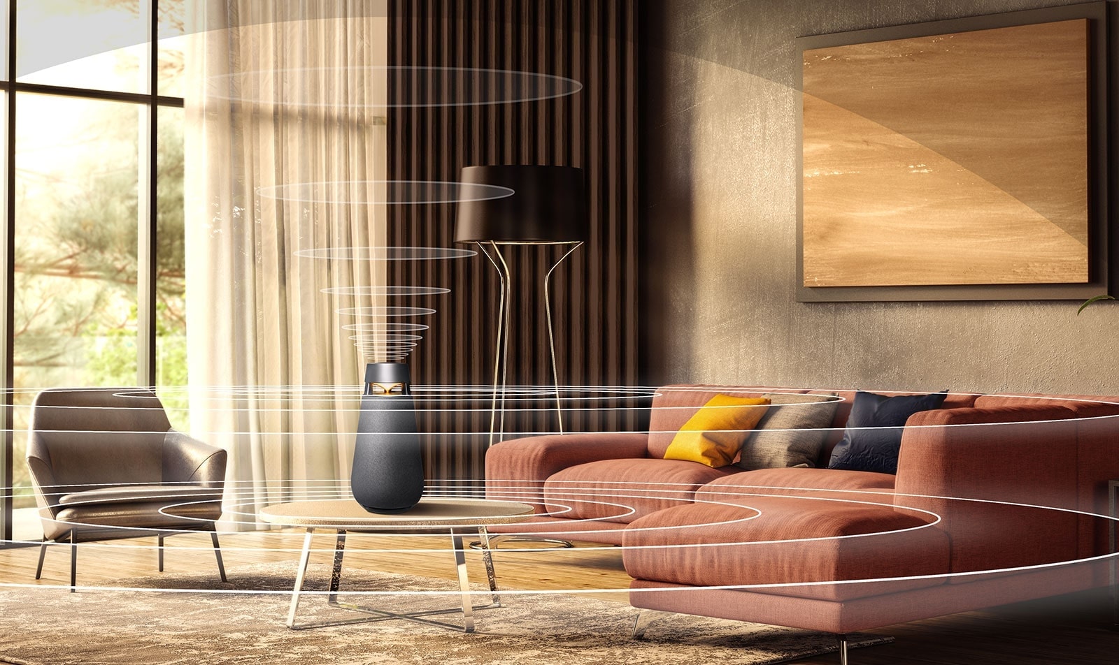 صورة للموجات الصوتية المنتشرة حول XBOOM 360 X03 أثناء وضعه على طاولة في غرفة المعيشة.