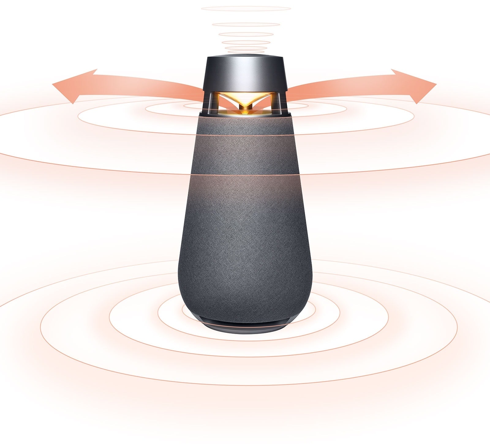 صورة للموجات الصوتية الصادرة عن XBOOM 360 مع أسهم باللون البرتقالي على الجانبين الأيمن والأيسر للعاكس تنتشر حولها موجات صوتية.