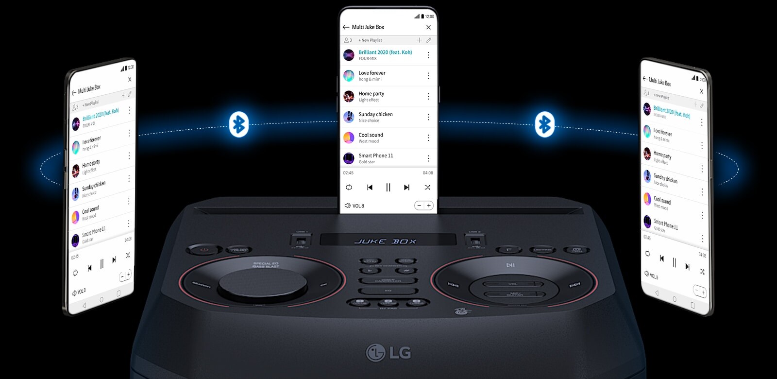 LG RNC9 لقطة لهاتف ذكي على سماعة LG XBOOM RNC9 مع وجود هاتفين ذكيين آخرين حوله. يظهر شعار Bluetooth بين الهواتف الذكية.