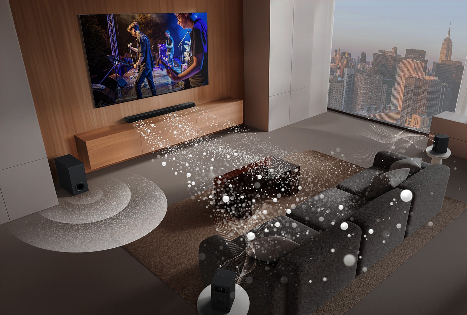 يظهر مكبر LG Soundbar وتلفزيون LG TV ومضخم الصوت في غرفة معيشة وتُعرض صورة على الشاشة مع موسيقي. تنبثق ثلاثة فروع من الموجات الصوتية البيضاء المكونة من قطرات من مكبر الصوت soundbar ويقوم مضخم الصوت subwoofer بإنشاء تأثير صوتي من الأسفل.