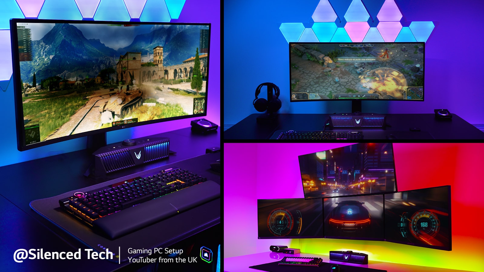 مجموعة من ثلاث صور لمكتب إعداد الألعاب - (عرض الجانب الأيسر لشاشة ومكبر صوت للألعاب مع تشغيل لعبة World of Tanks rts على الشاشة، عرض أمامي لشاشة ومكبر صوت للألعاب مع تشغيل لعبة World of Warships rpg على الشاشة، وعرض الجانب الأيمن لشاشات متعددة ومكبر صوت للألعاب مع لعبة سباق Project Cars على الشاشة) 