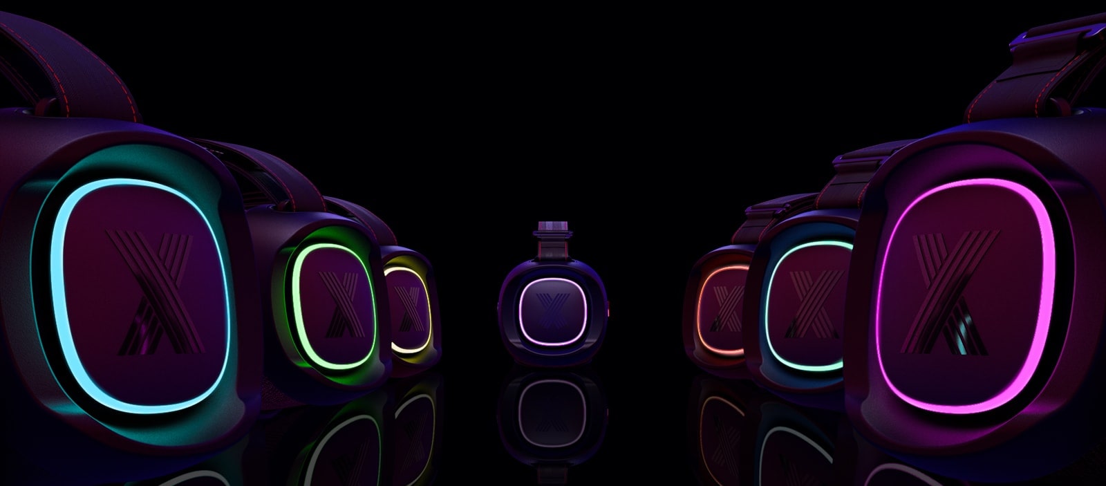 صورة جماعية لمكبر الصوت LG XBOOM Go XG8T. إضاءات مختلفة مضاءة.