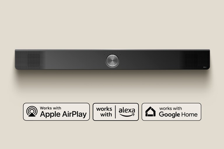 صورة علوية لمكبر صوت LG Soundbar. شعار Apple AirPlay، شعار Amazon Alexa، شعار Google Home