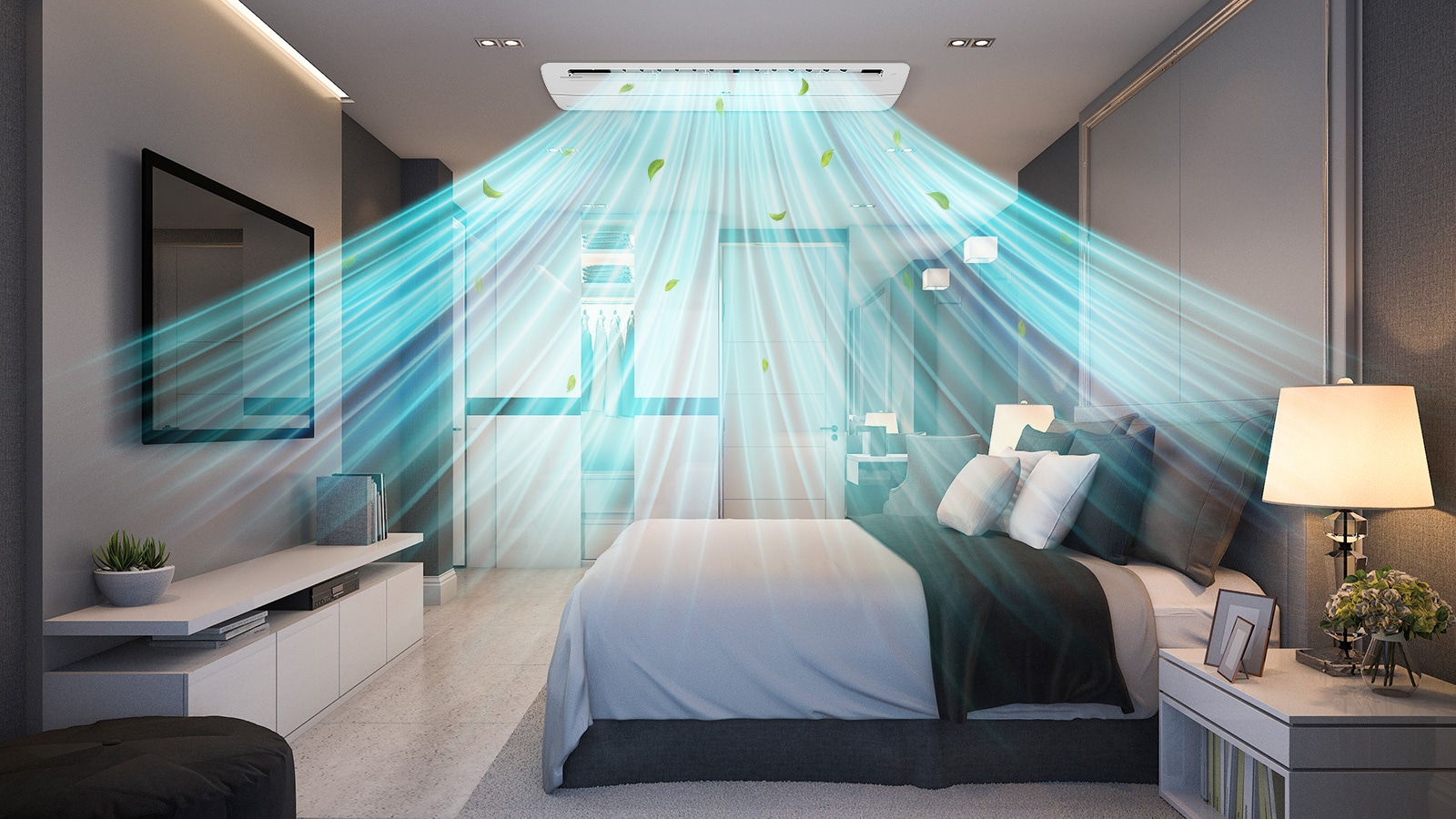 صورة يظهر بها مكيف كاسيت أحادي الاتجاه مثبت بسقف غرفة النوم يوفر هواء نظيفًا وباردًا.