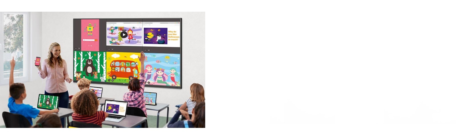 تُعرض شاشات أجهزة الكمبيوتر المحمول للطلاب وهاتف المعلم المحمول على شاشة العرض التفاعلية.