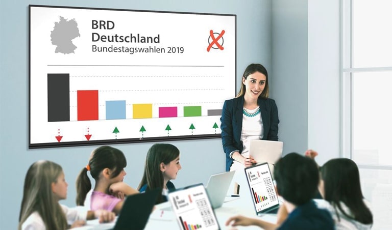 تدير إحدى المعلمات جلسة تعليمية، والمحتوى المعروض على الشاشة التفاعلية يظهر على جهاز الكمبيوتر المحمول لكل طالب.