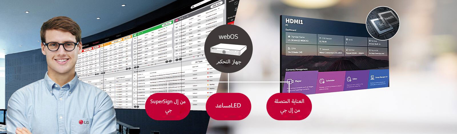 يراقب موظف LG عن بُعد سلسلة GPEJ المثبَّتة في مكان مختلف باستخدام حل المراقبة المستند إلى السحابة الإلكترونية من LG. تعمل وحدة التحكم في النظام مع منصة webOS على تمكين سلسلة GPEJ لتكون متوافقة مع حلول برامج LG.