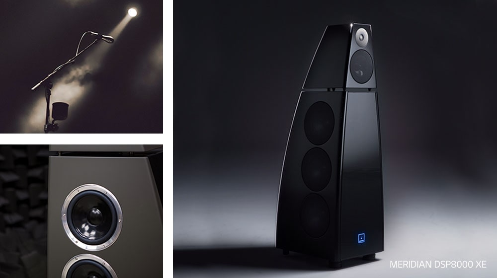 في أعلى اليسار، ميكروفون مضاء بواسطة الكشّاف الضوئي. في أسفل اليسار، لقطة مقرّبة للمُشغِّلات داخل مكبر صوت. على اليمين، مكبر الصوت Meridian DSP8000XE.