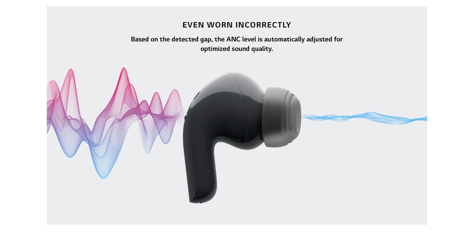 سماعة الأذن T90 مرئية من الجانب. تمر الموجات الصوتية النابضة بالحياة عبر سماعة الأذن وتتم تهدئتها من خلال إلغاء الضوضاء النشط. يتم عرض سماعة الأذن في أثناء ارتدائها في الأذن، ثم يعود المنظر إلى سماعة الأذن والموجات الصوتية تنبض وهي تمر فيها.