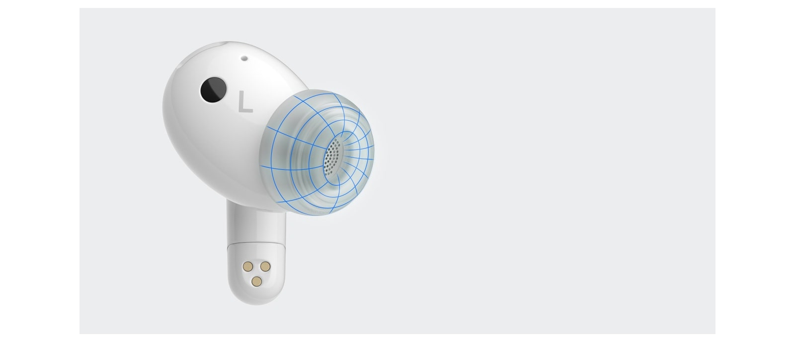 منظر بزاوية لسماعة الأذن يبرز بطانة الأذن ومناطق تغطية UVnano.