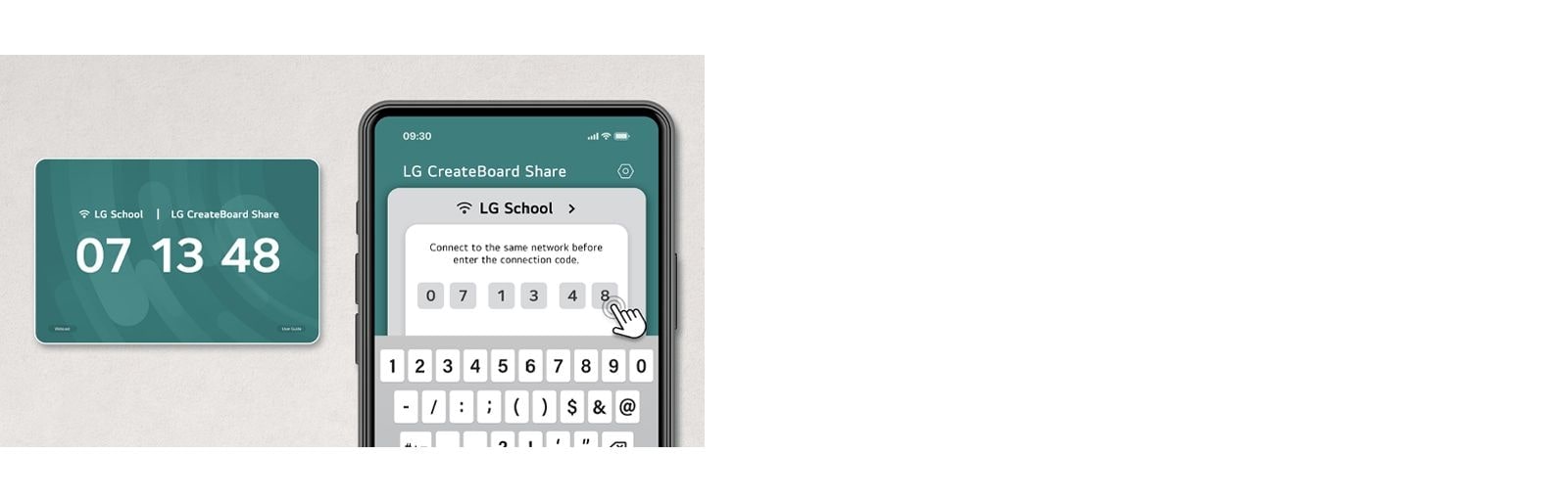 يمكن للمستخدمين الوصول إلى LG CreateBoard Share، وهو حل لاسلكي لمشاركة الشاشة، بمجرد إدخال رمز مكون من 6 أرقام. 