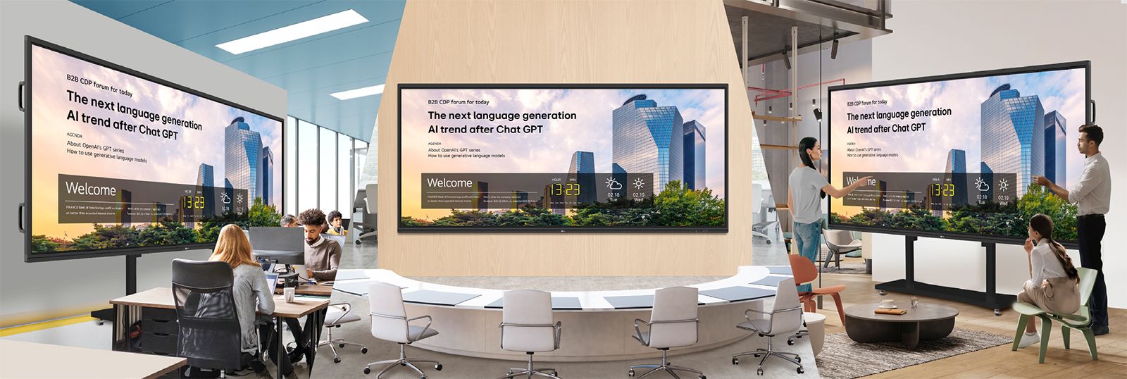 يتم بث إشعارات الشركة عن بعد على شاشات متعددة مثبتة في المكتب وغرفة الاجتماعات ومنطقة الاستراحة.