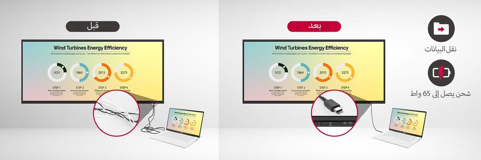 يعمل اتصال USB-C على تبسيط الاتصالات، ونقل البيانات بسهولة، ويمكنه شحن الأجهزة بقدرة تصل إلى 65 واط.