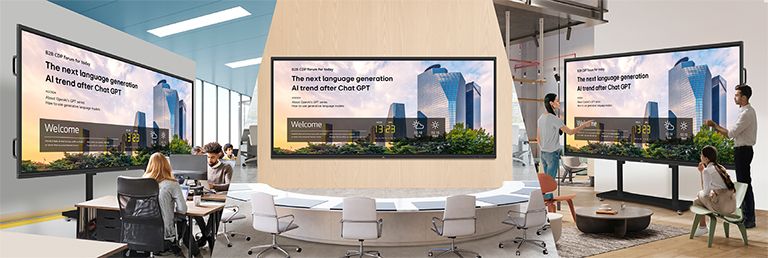 يتم بث إشعارات الشركة عن بعد على شاشات متعددة مثبتة في المكتب وغرفة الاجتماعات ومنطقة الاستراحة.