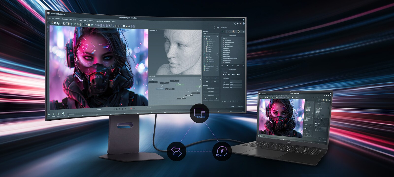 شاشة فائقة الاتساع (Ultrawide) متصلة بجهاز كمبيوتر محمول تعرض أعمال تصميم إبداعية.