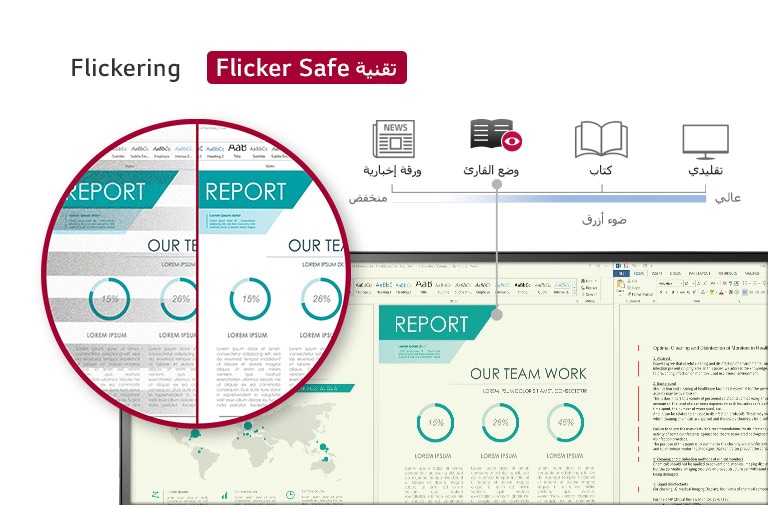 باستخدام وضع القارئ، يمكنك قراءة المحتوى في شاشة مثل الكتاب المدرسي والأخبار مع الاستمتاع بشاشة نظيفة باستخدام تقنية Flicker Safe.