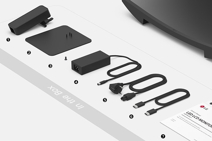 تحتوي العبوة على جسم الحامل وقاعدته، وبراغي، كابل الطاقة، ومحول الطاقة، وكابل HDMI ودليل الإعداد.