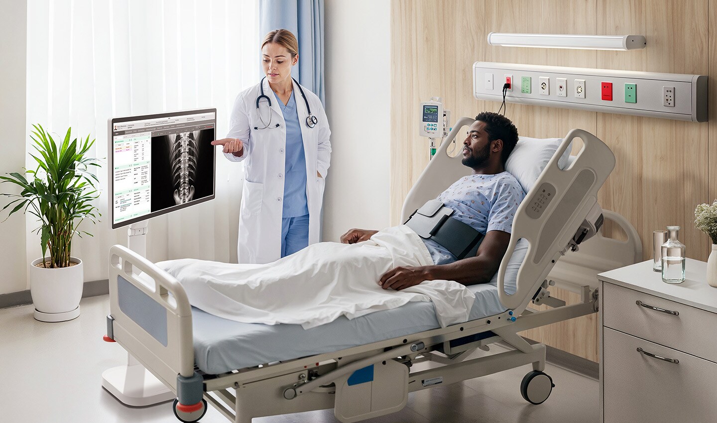 مريض مستلقي على سرير في المستشفى، مع وجود اثنين من الأخصائيين الطبيين بجواره. وتظهر شاشة LG Smart Monitor Swing بجوار الطبيب.	