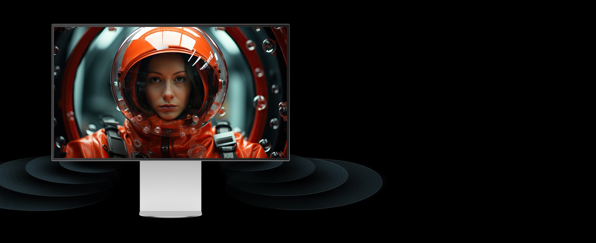 A UltraFine monitor is placed in a virtual space with soundwaves coming from the bottom part of the monitor moving forward. On the screen a woman in a red-space-suit is facing forward.