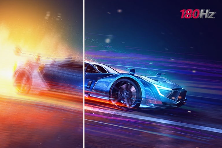صورة لمقارنة لعبة سريعة الإيقاع بمعدل تحديث منخفض وصورة واضحة بمعدل تحديث عالٍ يبلغ 180Hz هرتز.