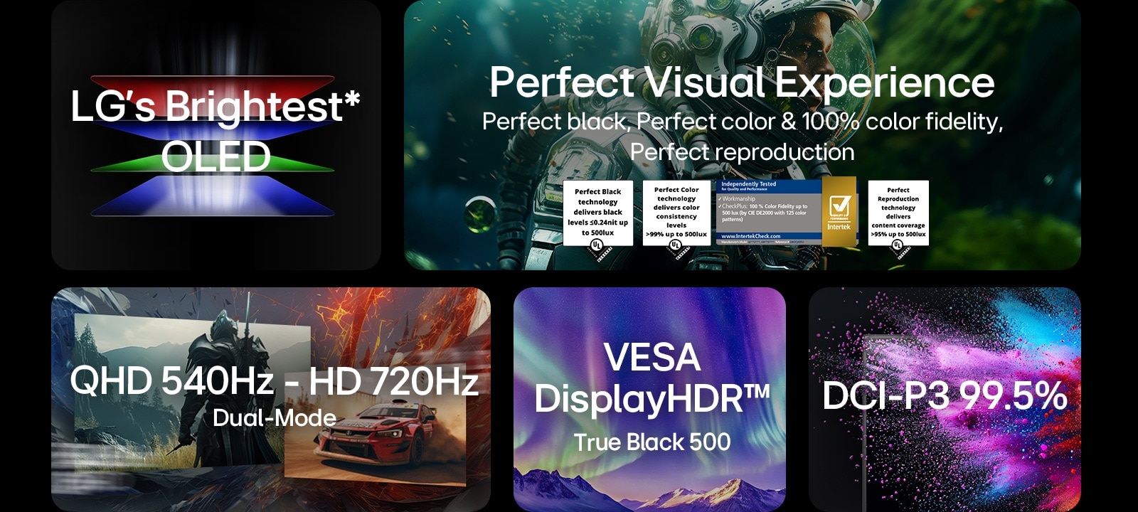 رسم ترويجي مركب لتقنية LG OLED يعرض خمسة أقسام: عبارة "ألمع شاشة OLED من LG" مع رسم شعاعي بألوان RGB، و"تجربة بصرية مثالية" مع شخصية رائد فضاء وأيقونات شهادات، ومشهد ألعاب مقسوم مكتوب عليه "وضع مزدوج: QHD 540Hz – HD 720Hz"، ولوحة بتدرج بنفسجي-أزرق تعرض عبارة "VESA DisplayHDR True Black 500"، وانفجار جزيئات ملون مع النص "DCI-P3 99.5%"