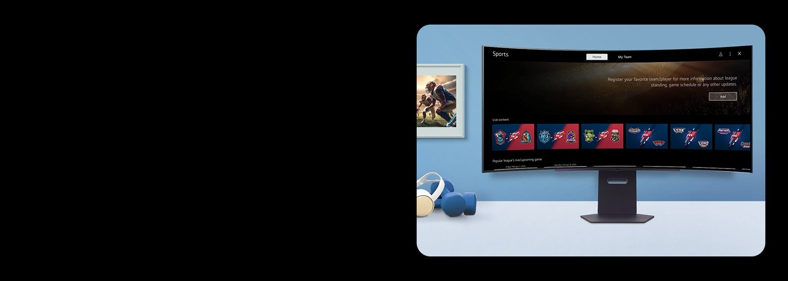 الشاشة الذكية الموضوعة على الطاولة تعرض شاشة تطبيق الرياضة (SPORTS APP).	