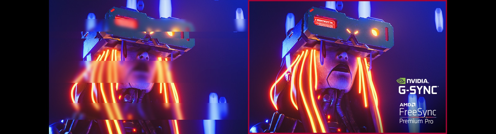 تحاكي الصورة اليسرى الوضع الذي لا تُستخدم فيه تقنيتا NVIDIA® G-SYNC®‎ و AMD FreeSync™ Premium Pro. تحاكي الصورة اليمنى المشهد الذي يتضمن أدنى حد من تقطيع الصورة وتلعثم الصوت بفضل استخدام تقنيتي NVIDIA® G-SYNC®‎ و AMD FreeSync™ Premium Pro.