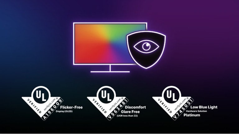 راحة العينين مع شعارات شهادة UL المعتمدة من LG OLED‏ - UL VERIFIED Flicker-Free Display (OLED)، وUL VERIFIED Discomfort Glare Free، وUL VERIFIED Low Blue Light Hardware Solution Platinum.