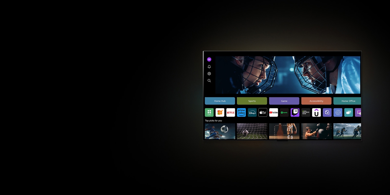 تعرض شاشة تلفزيون LG TV شاشة عرض "My Profile". في الثلث العلوي، لافتة لعجائب الدنيا الملموسة. أسفل الشعار، يتم عرض الأزرار التالية: Home Hub (المركز الرئيسي)،‏ Sports (الرياضة)،‏ Game (الألعاب)،‏ Accessibility (إمكانية الوصول)،‏ Home Office (المكتب المنزلي). أسفل الأزرار، يتم عرض الشعارات التالية: LG Channels وNetflix وPrime Video وDisney+ وApple TV وYouTube وSpotify وTwitch وGeForce Now وUdemy. أسفل الشعارات، يتم عرض 5 صور مصغرة لأفلام تحت عبارة "أفضل الاختيارات لك".   ينقر المؤشر على الحرف "S" في الزاوية العلوية اليسرى. تُفتح قائمة منسدلة لحساب LG ويتم عرض خمسة أسماء. ينقر المؤشر على الاسم الثاني حيث تتغير الصور المصغرة والمحتويات الموصى بها على الشاشة.