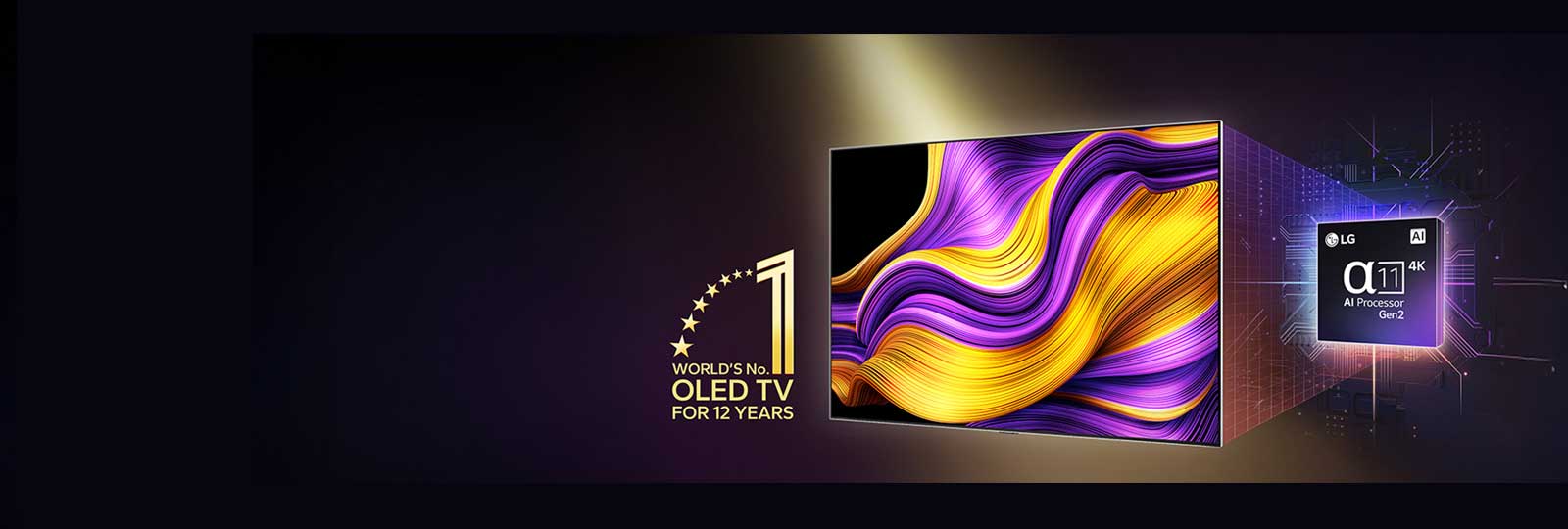 تلفزيون LG OLED TV مع عمل فني تجريدي ملون على شاشته ومعالج alpha 11 AI Processor Gen2 مظلل خلفه. تنبعث الأضواء الساطعة من المعالج والتلفزيون لعرض تقنيته المتقدمة. ويظهر شعار "تلفزيون OLED TV رقم 1 على المستوى العالم لـ 12 عامًا".