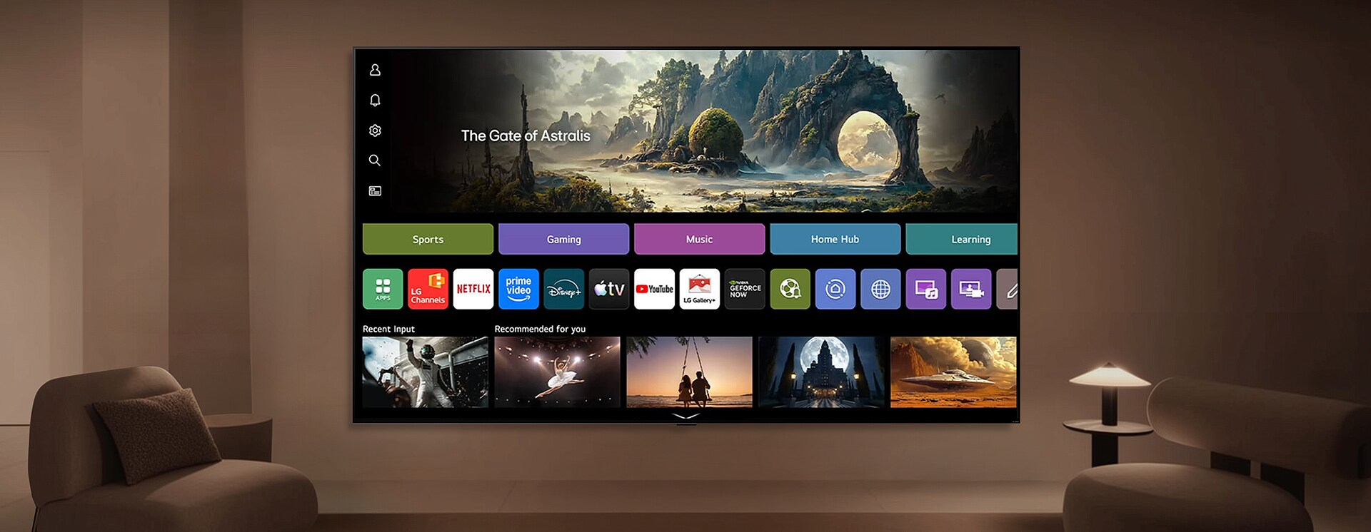 يعرض تلفزيون LG AI TV شاشة رئيسية في غرفة المعيشة، حيث تُظهر تطبيقات مثل LG Channels وNetflix إلى جانب المحتوى الموصى به، بينما تتيح الواجهة الوصول المباشر إلى مئات الخيارات الترفيهية.