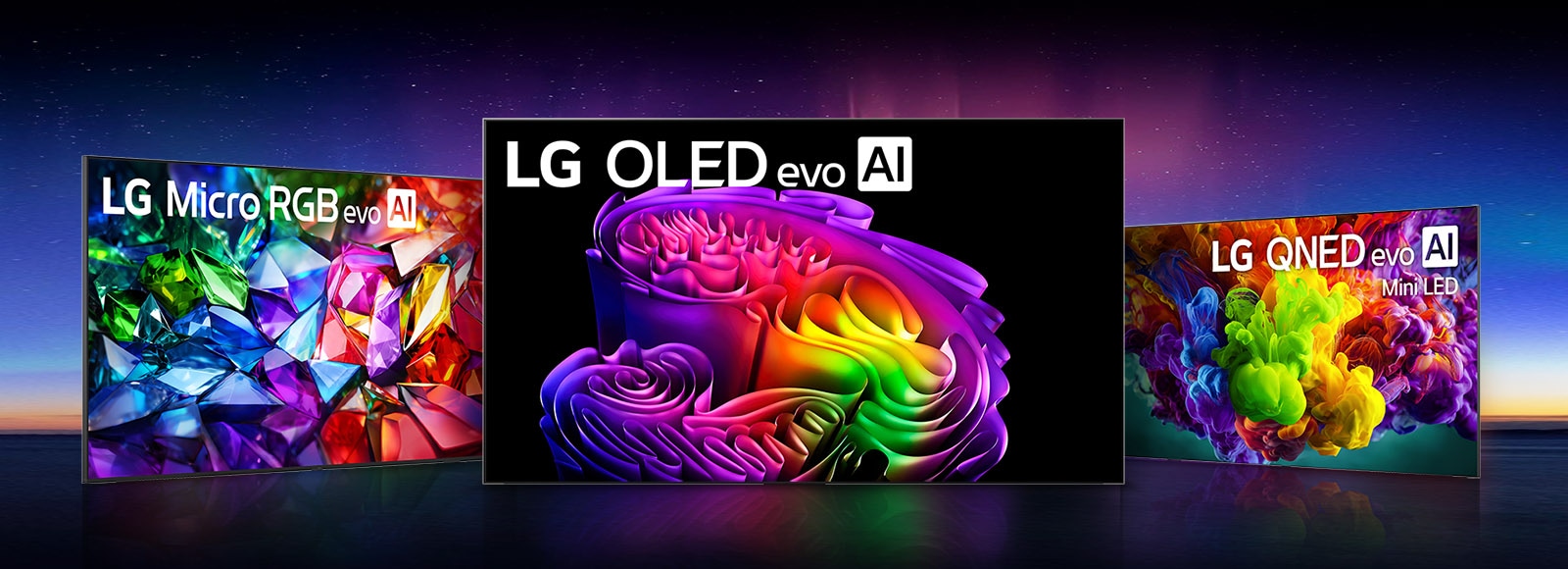تُظهر مجموعة تلفزيونات LG TV اختلافات في جودة الصورة بين LG OLED evo AI وLG Micro RGB evo AI وLG QNED evo AI Mini LED، حيث يعرض كل منها صورًا تجريدية ساطعة ومفصلة بشكل غني مقابل خلفية داكنة.
