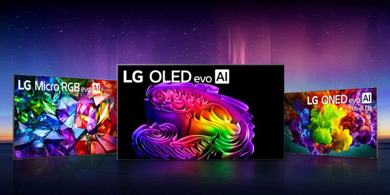 تُظهر مجموعة تلفزيونات LG TV اختلافات في جودة الصورة بين LG OLED evo AI وLG Micro RGB evo AI وLG QNED evo AI Mini LED، حيث يعرض كل منها صورًا تجريدية ساطعة ومفصلة بشكل غني مقابل خلفية داكنة.
