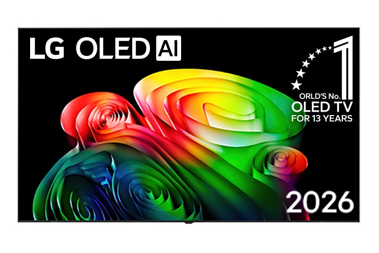 يُظهر المنظر الأمامي لتلفزيون LG OLED AI إطارًا أسود نحيفًا، وتملأ الشاشة صورة حية بتكوين فني غني بالألوان والطبقات.
