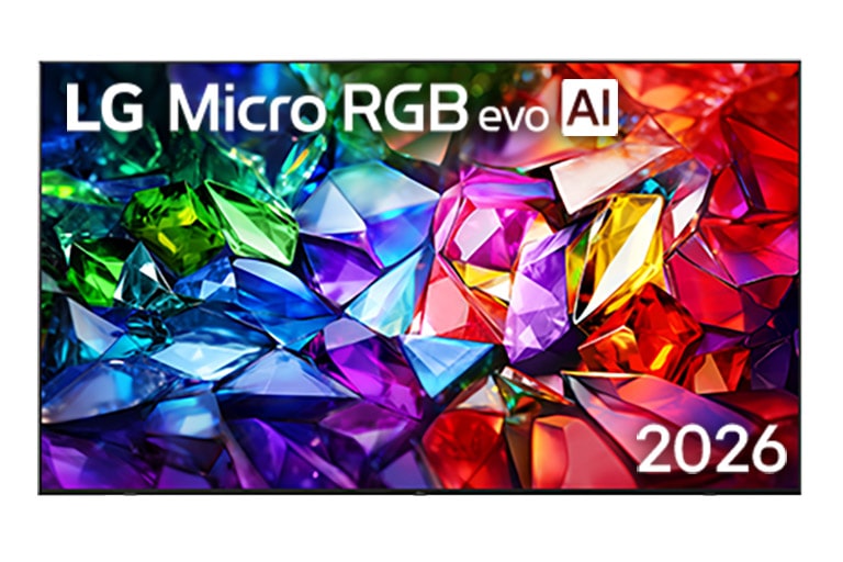 يتميز المظهر الأمامي لجهاز LG Micro RGB evo AI بإطار أسود رفيع على قاعدة منخفضة، مع صورة حية وواضحة للغاية بألوان حمراء وخضراء وزرقاء حادة تملأ الشاشة.
