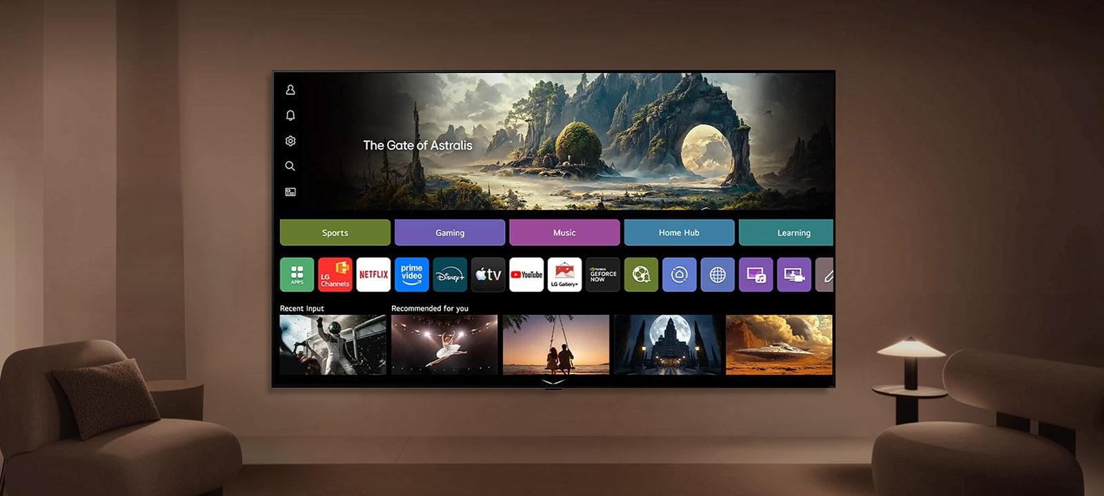 تُظهر شاشة تلفزيون LG TV، بصفتها تلفزيونًا يعمل بالذكاء الاصطناعي، شاشة رئيسية في غرفة المعيشة، حيث تعرض تطبيقات مثل LG Channels وNetflix إلى جانب المحتوى الموصى به، بينما تتيح الواجهة الوصول المباشر إلى مئات الخيارات الترفيهية.