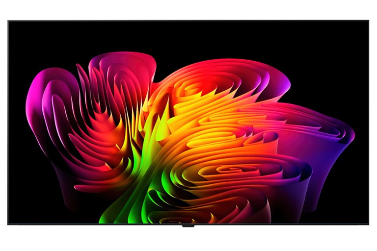 يُظهر المنظر الأمامي لتلفزيون LG OLED evo AI W6 Wallpaper TV تصميمه النحيف والرقيق الذي يشبه ورق الحائط، بينما تتدفق بسلاسة عبر الشاشة تركيبة تجريدية ديناميكية من تدرجات لونية تشبه الأمواج بألوان زاهية ومتنوعة.