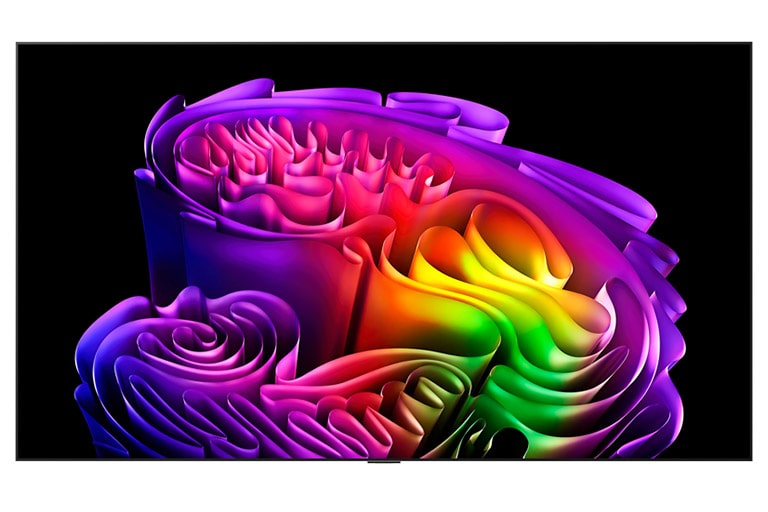 يُظهر المنظر الأمامي لتلفزيون LG OLED evo إطارًا أسود نحيفًا، وتملأ الشاشة صورة حية بتكوين فني غني بالألوان والطبقات.