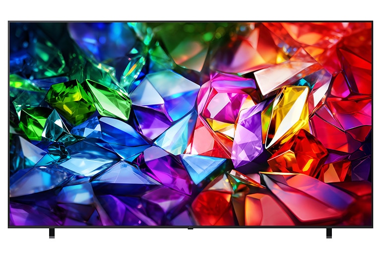 يتميز المنظر الأمامي لشاشة LG Micro RGB evo بإطار أسود رفيع، مع صورة زاهية وواضحة كالكريستال تملأ الشاشة بألوان حمراء وخضراء وزرقاء محددة بدقة.