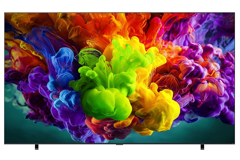 يُظهر المنظر الأمامي لتلفزيون LG Ultra Big TV، الشاشة وهي تمتلئ بانفجارات لونية نابضة وانسيابية تحاكي حركة الطلاء متعدد الألوان، بينما تمتزج سحب كثيفة من الألوان بسلاسة تامة عبر كامل الشاشة.