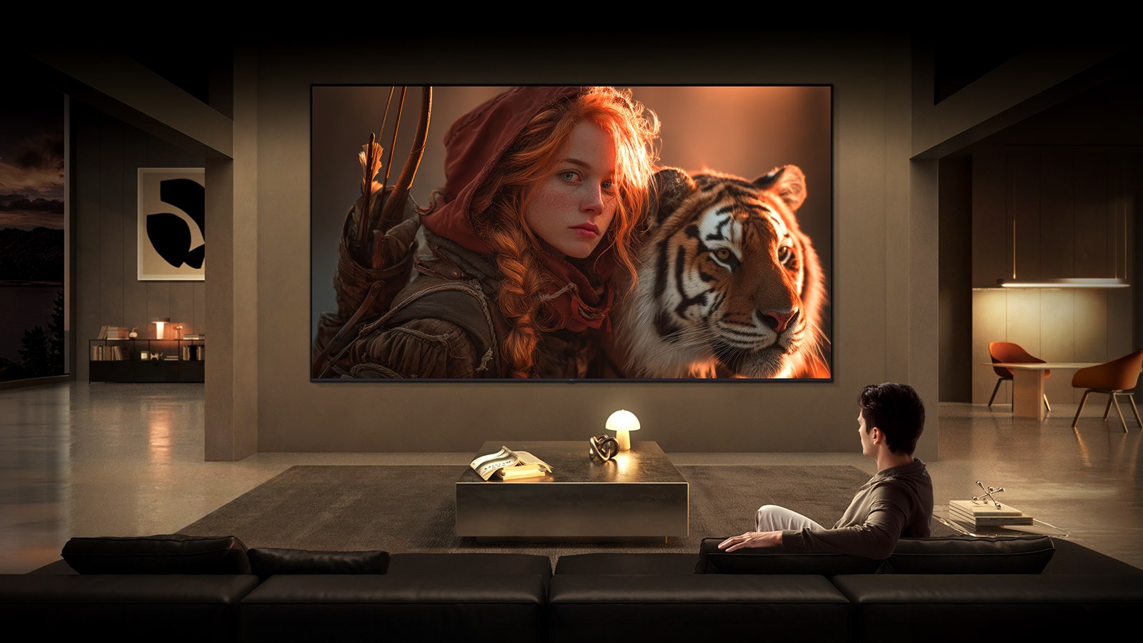 تلفزيون LG TV لمشاهدة الأفلام يملأ غرفة المعيشة الحديثة بمشهد سينمائي على شاشة كبيرة مثبتة على الحائط، وتتميز بلقطة مقربة مفصلة لشخصية ونمر، مما يسلط الضوء على عمق الألوان الغني والتباين القوي والمشاهدة الغامرة.