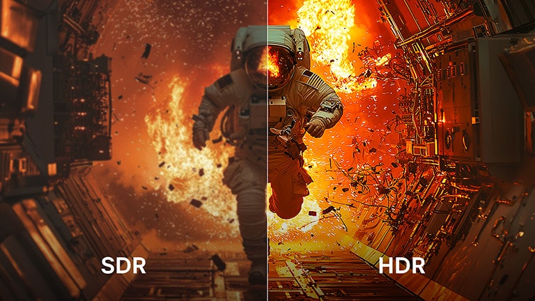 يعزز تلفزيون LG TV المزود بتقنية HDR التباين حيث تقارن الشاشة المنقسمة بين SDR وHDR، مما يعرض مشهدًا لرائد الفضاء مع ظلال أكثر سطوعًا وظلال أعمق وتفاصيل أكثر تحديدًا لتجربة مشاهدة أكثر حيوية.