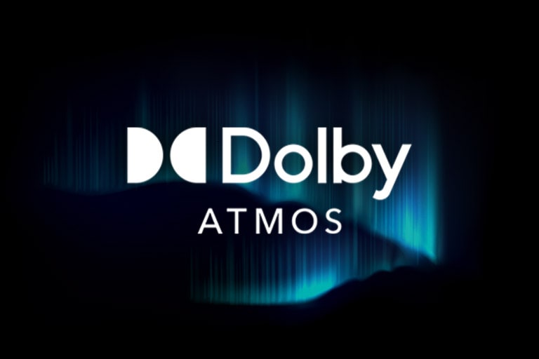 تلفزيون LG TV مع Dolby Atmos يسلط الضوء على الصوت المحيطي على مستوى السينما، ويعرض شعار Dolby Atmos على خلفية داكنة مع تأثير توهج أزرق رقيق.