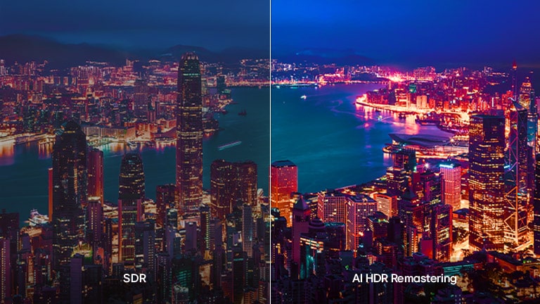 يظهر تلفزيون LG TV المزود بتقنية AI HDR Remastering في مقارنة منقسمة لمشهد مدينة، حيث يُعرض SDR على اليسار وAI HDR Remastering على اليمين، مع إضاءة مدنية أكثر سطوعًا وتباين أعمق وتفاصيل أكثر وضوحًا في جميع أنحاء المشهد.