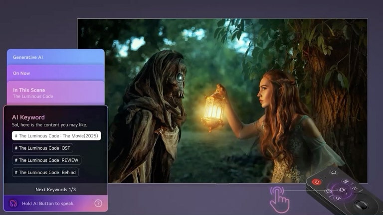 يعرض تلفزيون LG TV المزود بميزة AI Concierge قائمة تفاعلية تعتمد على الذكاء الاصطناعي في الجانب الأيسر من شاشة الفيلم، تعرض اقتراحات محتوى بناءً على المشهد وكلمات مفتاحية مثل OST والمراجعات، يمكن الوصول إليها بضغطة قصيرة على جهاز التحكم.