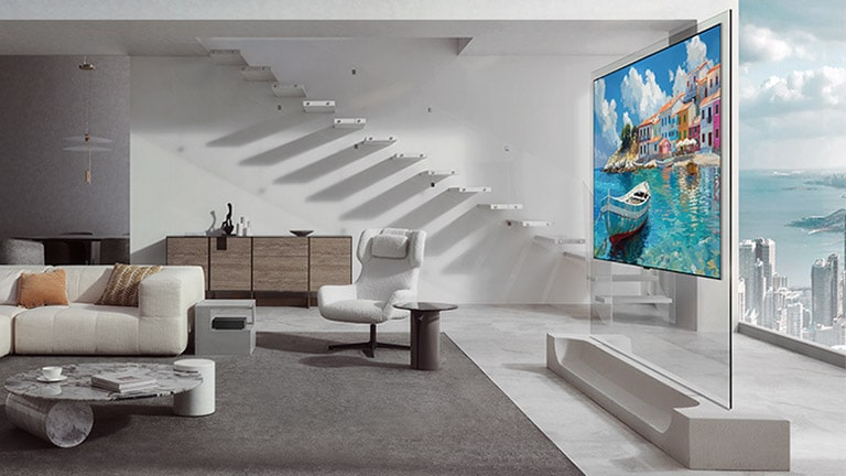 تلفزيون LG OLED evo AI W6 Wallpaper TV موضوع في غرفة معيشة عصرية كتلفزيون فني Art TV، ويتميز بأعمال فنية نابضة بالحياة وملونة على الواجهة المائية وشكل نحيف يندمج بسلاسة في التصميم الداخلي المتطور للمساحة.