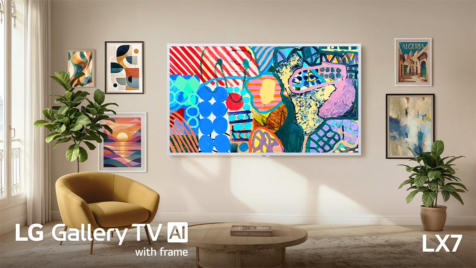 يتميز تلفزيون LG Gallery TV AI المزود بإطار LX7 ART TV بتصميم Gallery مع إطار قابل للتثبيت، حيث يتم تعليقه على الحائط في غرفة أنيقة مع عرض أعمال فنية تجريدية نابضة بالحياة تنسجم بسلاسة مع الديكور المحيط والأعمال الفنية المؤطرة.