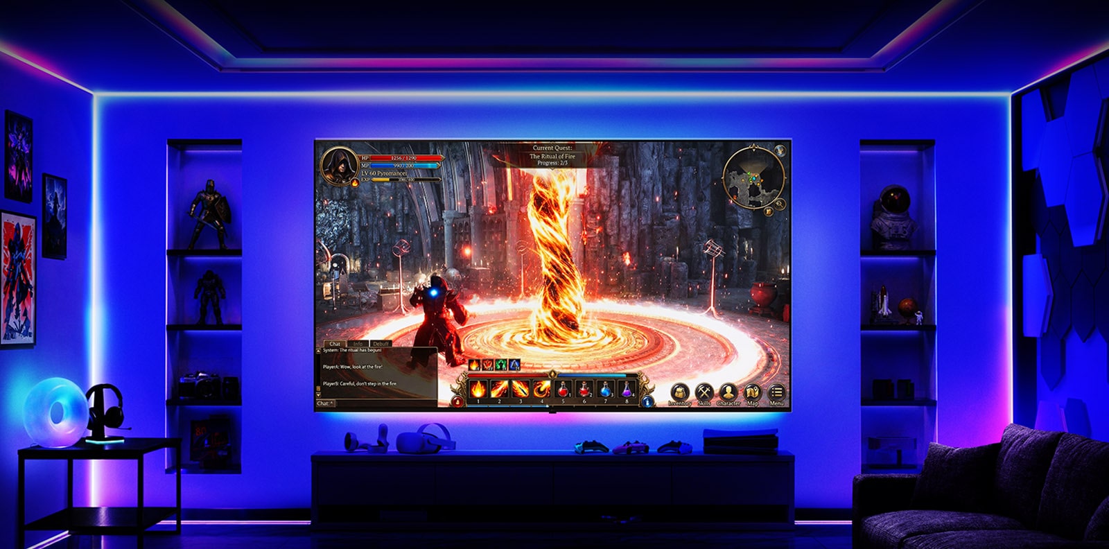 تلفزيون LG TV للألعاب مثبت على الحائط في غرفة مظلمة مع إضاءة محيطة، حيث تعرض شاشة كبيرة مشهد حركة سريع الوتيرة مع تأثيرات ديناميكية، مما يوضح اللعب السلس والاستجابة مع أداء بصري غامر.