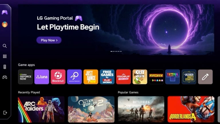 يعرض تلفزيون LG TV بوابة LG للألعاب على شاشة webOS، حيث تُعرض واجهة موحدة بخطوة واحدة تتيح الوصول إلى عدة تطبيقات ألعاب عبر خدمات الألعاب السحابية مثل NVIDIA GeForce NOW وتطبيقات webOS.